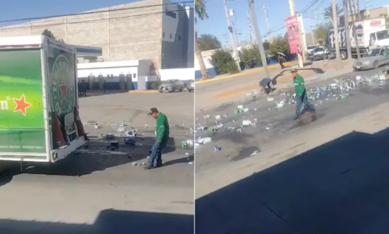 Charolas y latas de cerveza regadas sobre la avenida Tecnológico en Ciudad Juárez