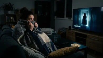 Persona viendo una película de terror mientras se cubre parcialmente el rostro