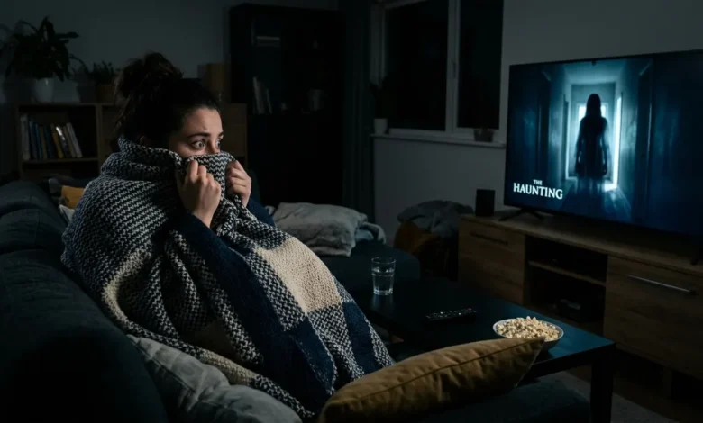 Persona viendo una película de terror mientras se cubre parcialmente el rostro