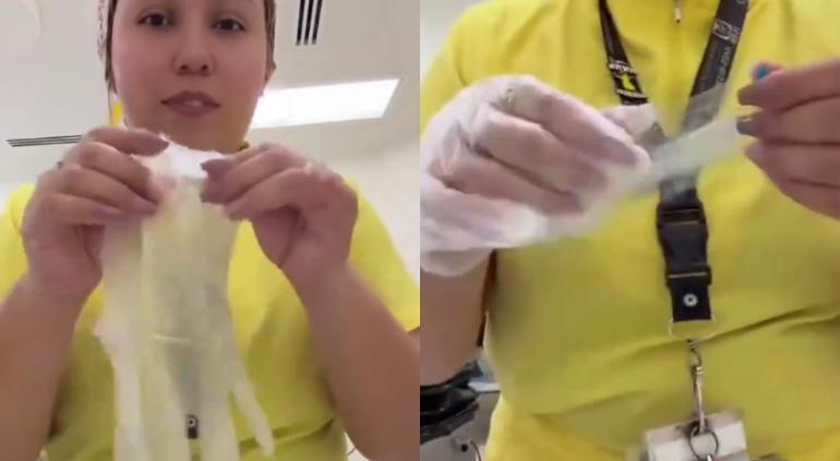 Enfermera del Hospital Materno Infantil de Tijuana muestra guantes entregados para trabajar