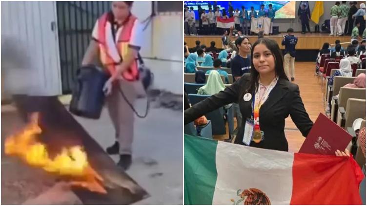 Ángela Karime Hernández con su proyecto de extintor acústico Vortex Tech