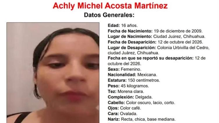 Ficha de búsqueda de Achly Michel Acosta Martínez, adolescente desaparecida en Ciudad Juárez